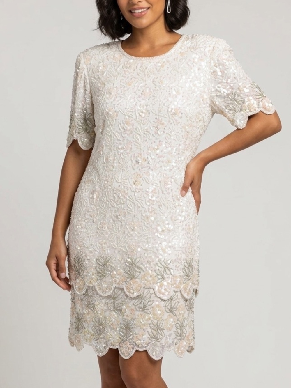 Vintage Laurence Kazar Beaded Sequined Evening Dress White Floral Scalloped Hem